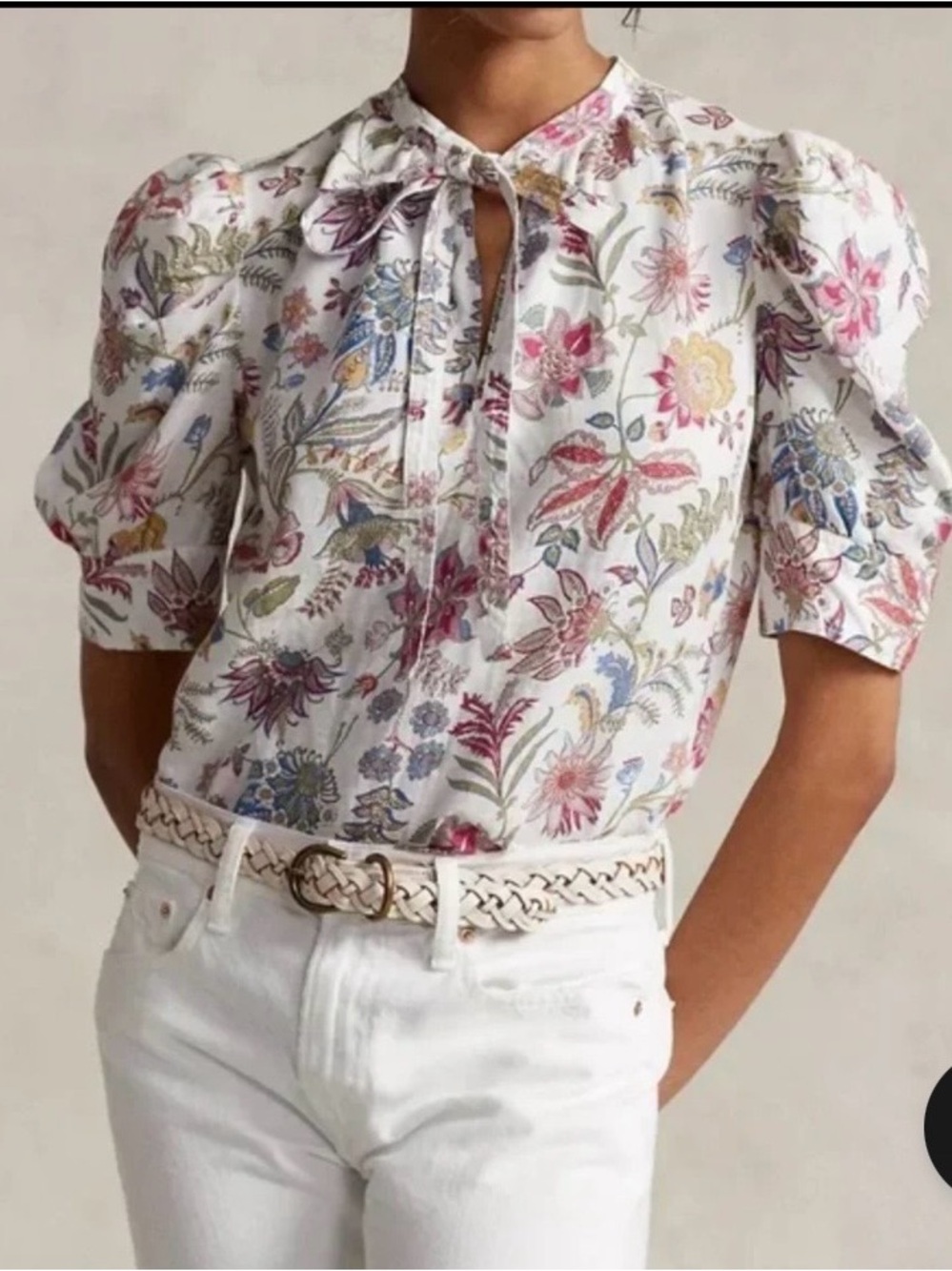 Polo Ralph Lauren Linen Tie-Neck Floral Watson Puff-Sleeve Blouse Size 2 EUC